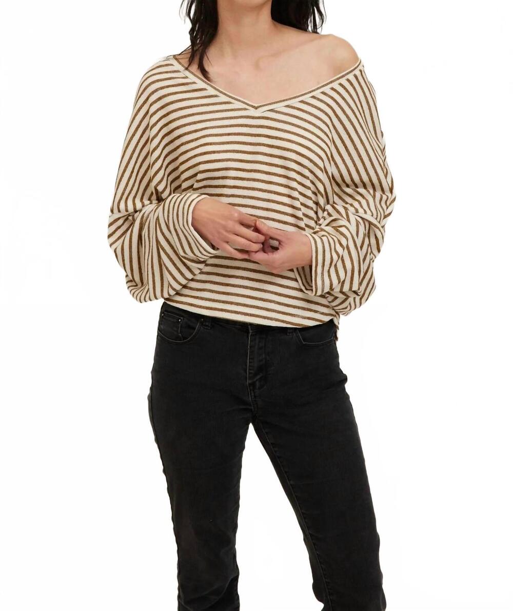 NEW PROJECT SOCIAL T ren v-neck long sleeve top in natural/white stripe